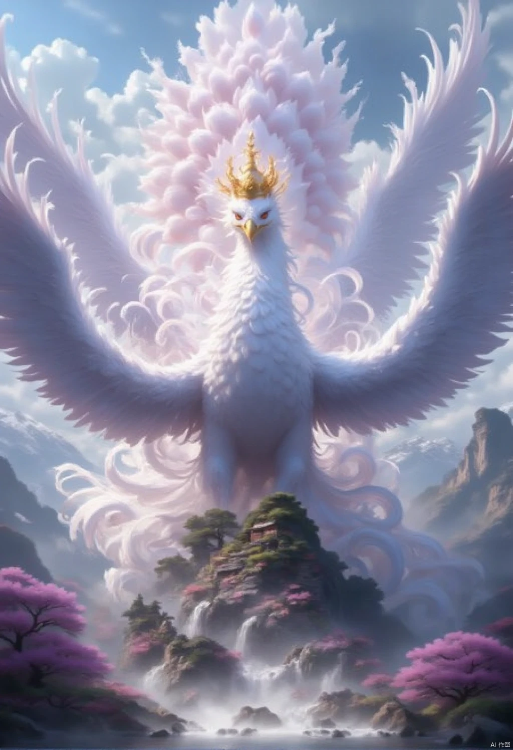 Mythical beasts,a white peacock is perched on a rock formation,its wings spread wide open. The peacock's feathers are a vibrant shade of pink,adding a pop of color to the scene. The bird's head is adorned with a bright yellow crown