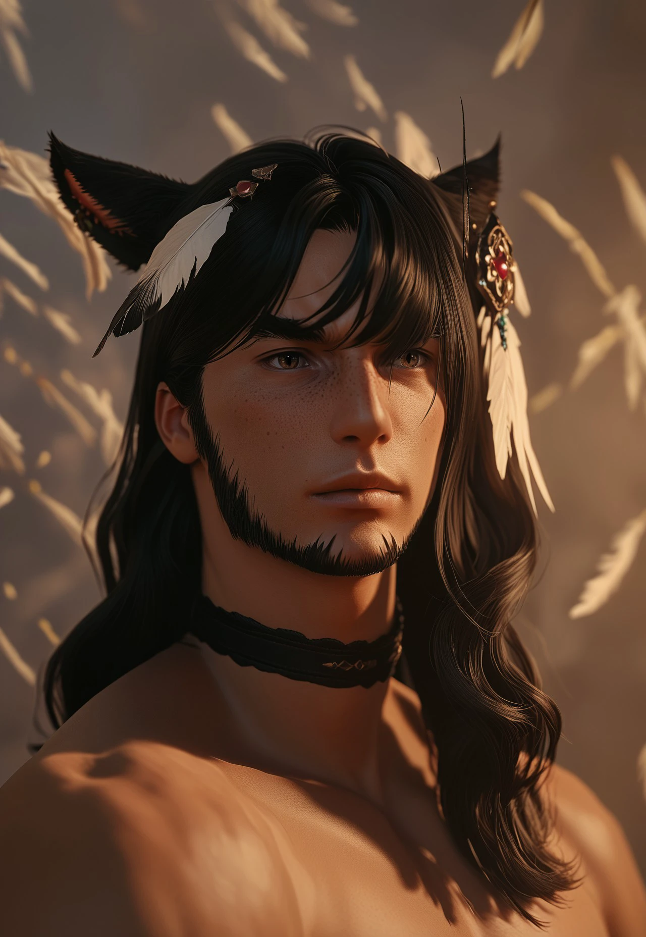 f4c32-miq0, solo, 1boy, male focus, animal ears, miqo'te, freckles, cat ears, portrait, choker, hair ornament, lips, long hair, bangs, feathers, cinematic lighting, cinematic angle ,score_9, score_8_up, score_7_up, score_6_up, score_5_up, score_5_up, score_4_up