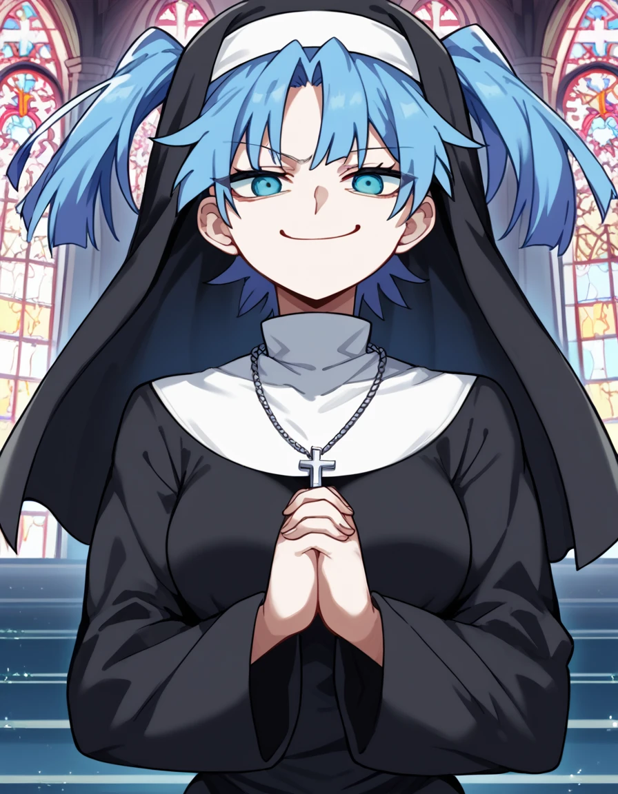 score_9, score_8_up, score_7_up, source_anime, <lora:takane-enomoto-s1-ponyxl-lora-nochekaiser:1>, takane enomoto, blue eyes, twintails, blue hair, medium breasts,, <lora:traditional-nun-ponyxl-lora-nochekaiser:1>, traditional nun, nun, habit, long sleeves, dress, black dress, jewelry, black veil, cross, cross necklace,, church, smug, praying,, , dutch angle, cowboy shot