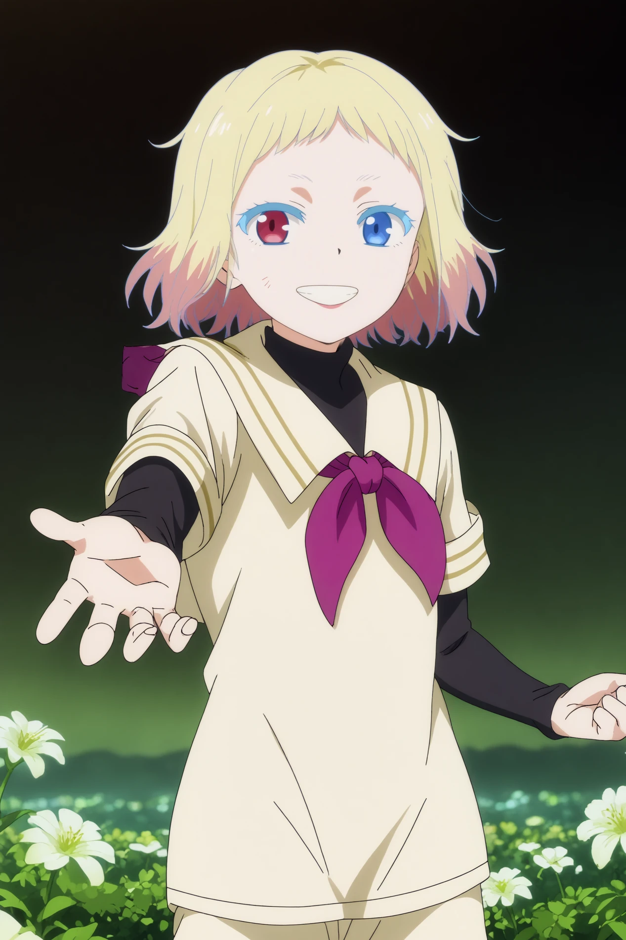  awano kotobuki,1girl,solo,smile,heterochromia,blonde hair,purple eyes,short hair,looking at viewers,gradient hair,facial mark,neckerchief,shirt,school uniform,sailor colla,short over long sleeves,layered sleeves,purple neckerchief,standing,reaching,cowboy shot,close-up BREAK outdoors,blue sky,white flower,field    <lora:Awano_Kotobuki_-_Wonder_Egg_Priority.safetensors:0.8> <lora:detailed_backgrounds_v2.safetensors:0.5>