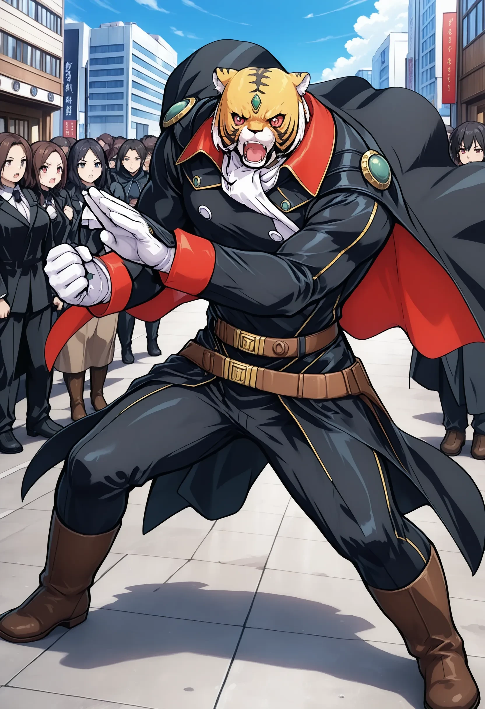 1boy, Tiger Joe, forehead green jewel, red eyes, white ascot, cloak, black jacket, white gloves, belt, black pants, brown boots, angry, big muscular male, 
outdoors, city, japan, audience, crowd, 
clenched hands fighting stance, standing, masterpiece, best quality, absurdres, high resolution, 8k, official art, official style, source_anime, uncensored, anime screencap, anime coloring, newest, (ai-generated:0.6) <lora:OY-Tiger_Joe_XL(ill)v10:1>