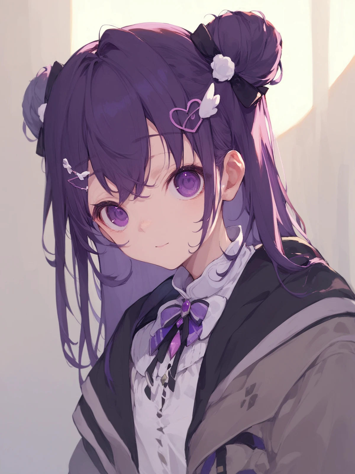 score_9_up, score_8_up, score_7_up,narin_mikure, 1girl, solo, long hair, hair ornament, dark purple hair, purple eyes, double bun, jacket hanging off hands, white shirt, looking at viewer,  <lora:narin_mikure-10:0.7>,