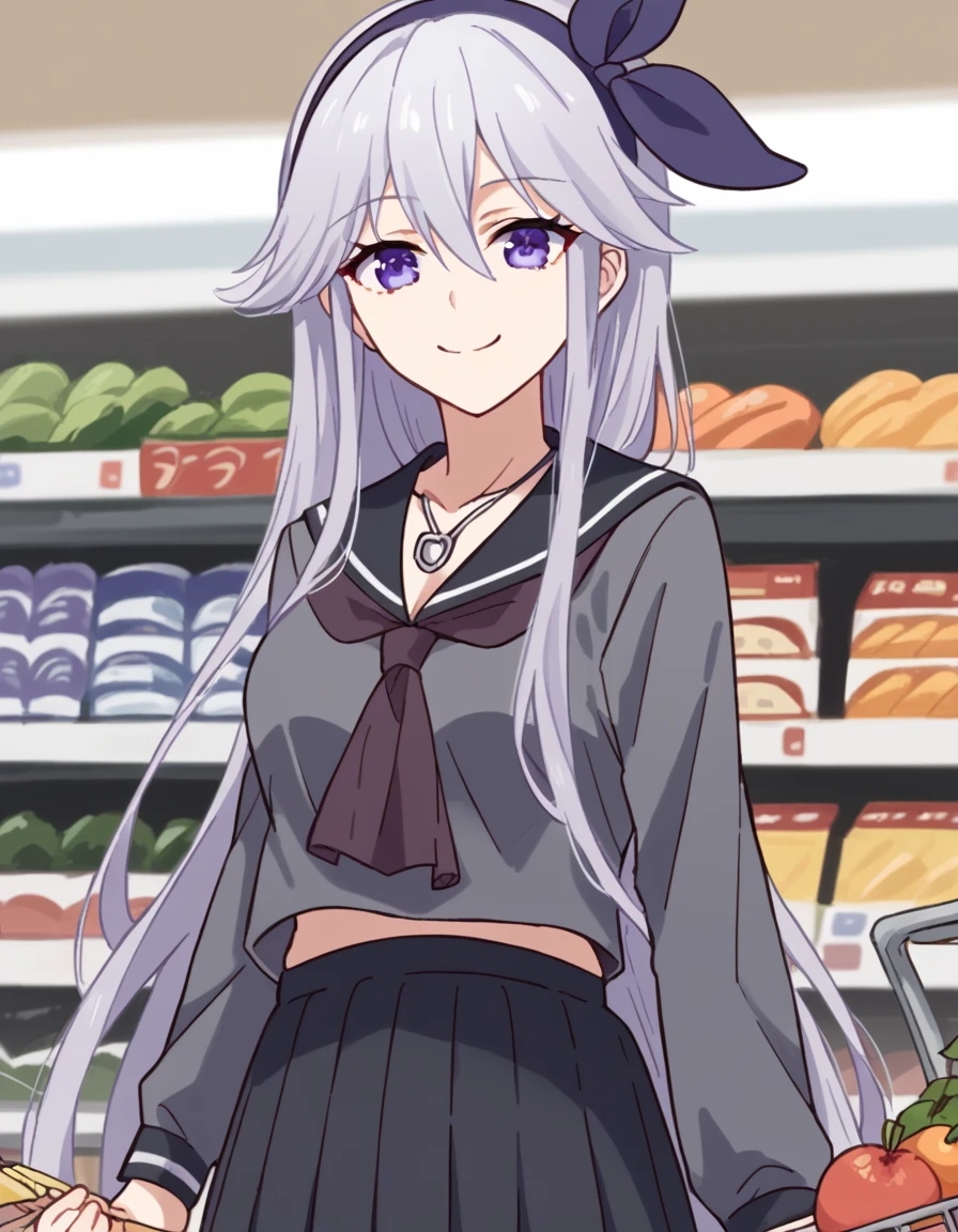 score_9, score_8_up, score_7_up, source_anime, <lora:nina-tachibana-s1-ponyxl-lora-nochekaiser:1>, nina tachibana, long hair, bangs, bow, hair between eyes, very long hair, purple eyes, hair bow, grey hair, hairband, black hairband, bow hairband, medium breasts,, skirt, shirt, long sleeves, bow, jewelry, school uniform, pleated skirt, serafuku, black skirt, sailor collar, necklace, neckerchief, grey shirt, black sailor collar,, grocery store, shopping cart, picking fruits, everyday life, , , <lora:seductive-smile-ponyxl-lora-nochekaiser:1>, seductive smile, come hither, naughty face,, looking at viewer, solo,, dutch angle, cowboy shot