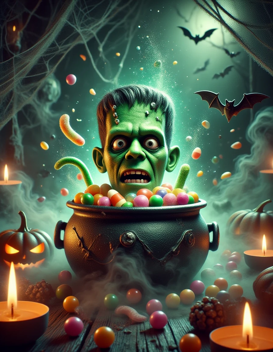 cinematic film still professional 3d model <lora:660f8ff0-2589-4e63-ada2-73de84b768d4.TA_trained:0.8>Prompt: "A Halloween-themed scene featuring Frankenstein's monster emerging from a cauldron overflowing with colorful Halloween sweets like candy corn, gummy worms, and chocolates. The monster has a green, spooky appearance, with bolts on his neck and a surprised expression as he rises from the sweets. The scene is filled with mist, small pumpkins, bats, and cobwebs in the background. A dark, eerie glow adds a magical Halloween atmosphere."
Sweet jellybeans . octane render, highly detailed, volumetric, dramatic lighting . shallow depth of field, vignette, highly detailed, high budget, bokeh, cinemascope, moody, epic, gorgeous, film grain, grainy