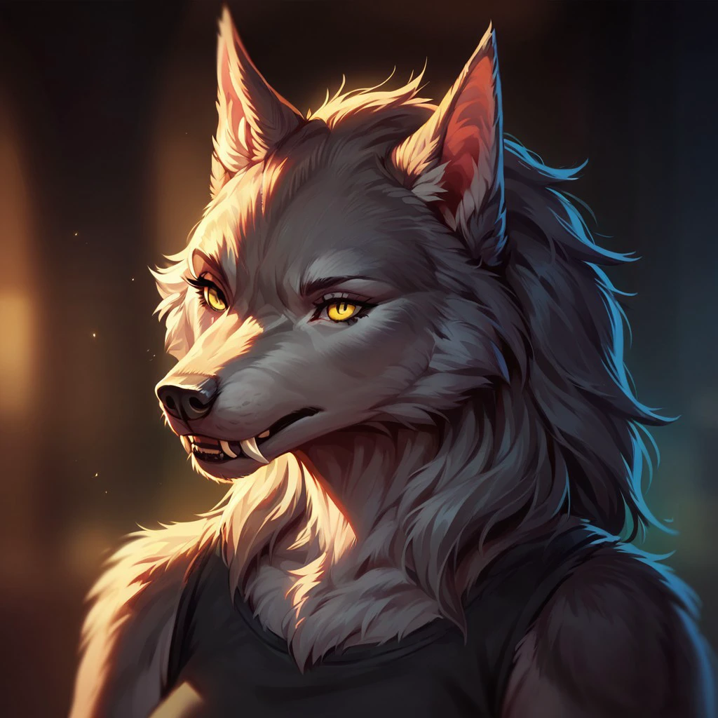 (((detailed, beautiful, high quality))), score_9, score_8_up, score_7_up, upper body, 
werewolf, furry wolf, fangs, tail,
1 girl, grey fur, yellow eyes, black top, black pants,
blurred background, fantasy background, rustic background, dark background,