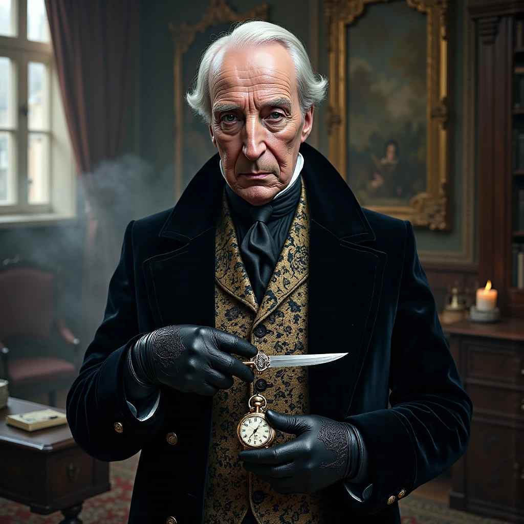 Imagine a photorealistic portrait of a distinguished, enigmatic elderly gentleman assassin, the venerable guildmaster of an elite order. He is dressed in an anachronistic blend of Victorian and 17th-century elegance with hints of otherworldly refinement. His face is marked by age and experience, with sharp, hawkish features and a cool, calculating expression that reveals a lifetime spent mastering the art of silent death. His attire is a richly brocaded waistcoat adorned with silver and gold accents beneath a high-collared dark frock coat, embroidered with intricate patterns that hint at his refined taste and subtle power.

His gloves are black leather, finely stitched with subtle, arcane patterns, adding to the sense of mystery and deadly precision. In one hand, he holds an elaborately jeweled dagger, its hilt gleaming with an ominous beauty, while the other hand rests on a brass pocket watch engraved with cryptic symbols, a reminder of both time passed and time claimed. His expression is poised and detached, with a gaze that is both calm and lethal, piercing as though he holds countless secrets within.

The scene is set in a smoky, dimly lit office, filled with mismatched antique furniture, towering bookcases of leather-bound volumes, and artifacts from a thousand assassinations. Shadows dance across gilded mirrors and tapestries in the faint candlelight, creating an atmosphere of foreboding elegance that reflects his mastery of the guild’s deadly arts and his place as a figure of silent command