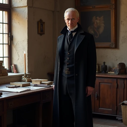 an image of lord vetinari standing in an austrere medieval office with basic furniture