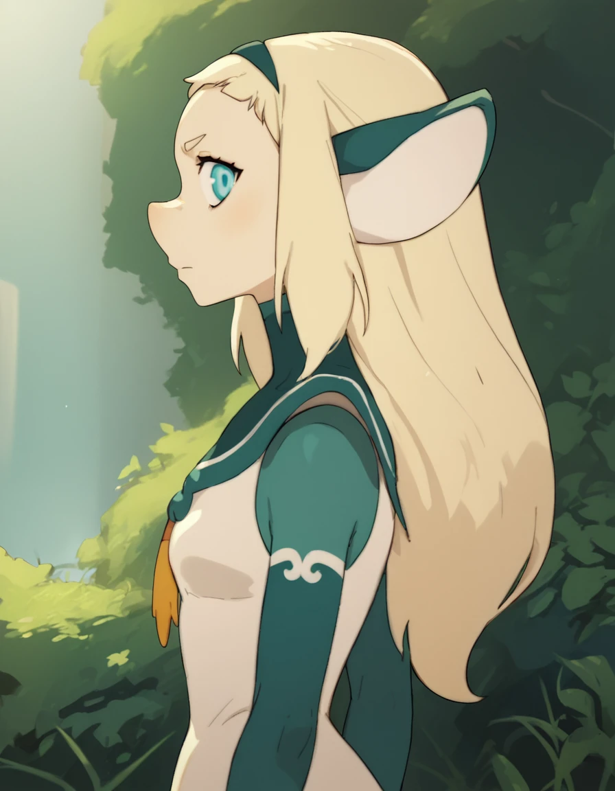 <lora:BakaraJurgenPony:1> bakara, 1girl, white hair, long hair, animal ears, aqua eyes, bodysuit, hairband, upper body,profile, score_9, score_8_up, score_7_up, score_6_up, score_5_up, score_4_up, looking at viewer,outdoors,