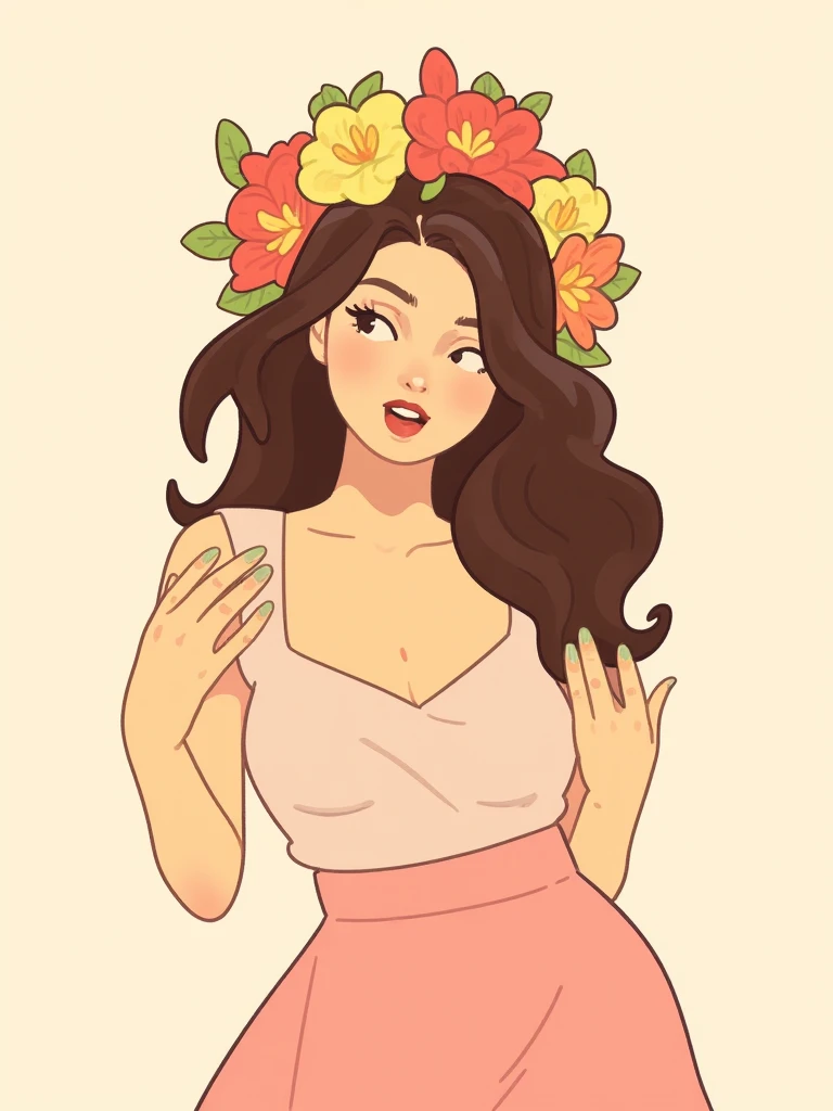 Cute Flat Art illustration  illustration of a woman wearing flowers in her hair looking at the viewer, full body, normal hands,  this illustration emanates playful charm and sophistication, capturing a harmonious blend of color and expression.