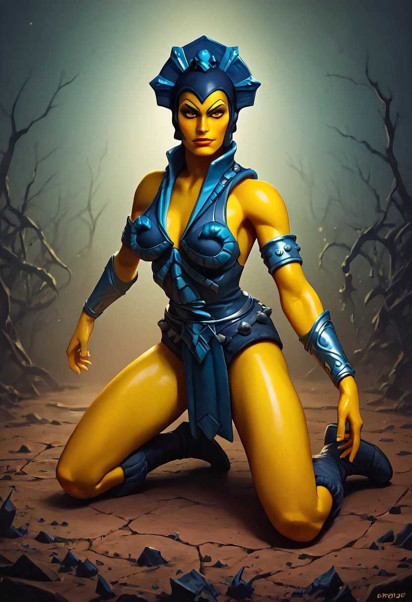 score_9, score_8_up, score_7_up, score_6_up, solo, 1girl, evil_lyn, yellow_skin, blue_crown, blue_outfit, armlets, bracelets, boots, (surreal, abstract:1.2), in forest,looking at viewer, perfect hands, seductive, perfect anatomy, perfect body, goddess, pose,