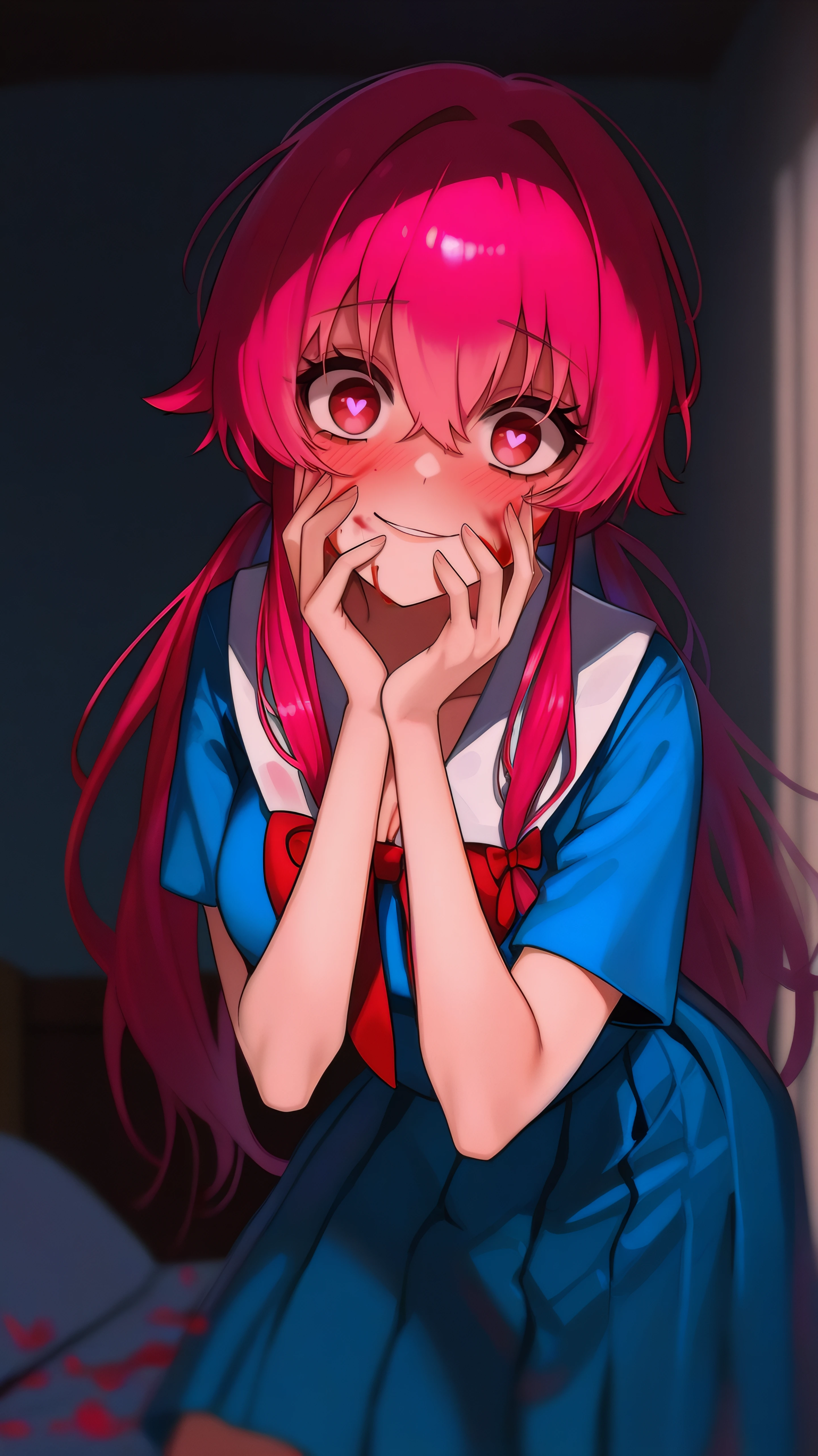 masterpiece, best quality, very aesthetic, absurdres, BREAK, 1girl, cowboy shot, looking at viewer, 
<lora:Yuno_Gasai_Illu_Dwnsty:1>, yuno_gasai, pink eyes, pink hair, long hair, low twintails, sidelocks, red hair bow, yandere, school uniform, blue shirt, blue skirt, pleated skirt, serafuku, red bowtie, cleavage, 
medium breasts, crazy eyes, light smile, blood on face, blood on clothes, hands on own face, heart-shaped pupils, 
night, horror \(theme\),  novel illustration, moonlight, indoors, bedroom, on bed, on side, lying,