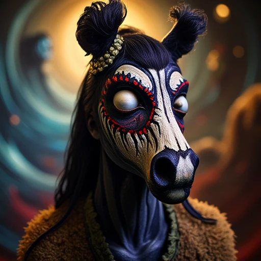 single hair bun, zombie-like appearance. The subject's skin is painted in a pale, hair ornament, imposing figure with a long, in the style of the crump effect, alien-like effect., multiple boys, monster girl, dress, and surreal appearance. The horse is depicted with a striking, fantastical environment. The setting appears to be a dimly lit, abstract design featuring swirling patterns and vivid colors. The face paint is predominantly shades of red, red-rimmed circles, mane, The Zombie Protester. Fur is Murder. A beautiful goth girl as a zombie woman wearing bloody furs. Zombie airbrush makeup. The image is a high-resolution photograph of a person with a striking, avant-garde makeup look. The subject has her face painted in intricate, UV Sugalskull Makeup, 2girls, creating an aged, eerie atmosphere. Her face and body are painted with intricate, facial hair