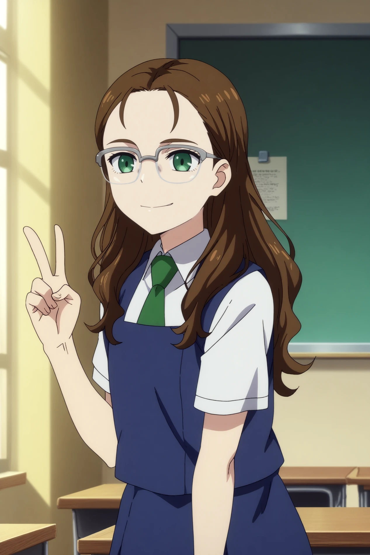  nagase koito,1girl,solo,glasses,school uniform,necktie,long hair,over-rim eyewear,shirt,smile,green necktie, short sleeves,standing,looking at viewer,cowboy_shot BREAK indoors,classroom,desk behind,chalkboard,windows,happy,peace sign,close-up    <lora:Nagase_Koito_-_Wonder_Egg_Priority.safetensors:0.8> <lora:detailed_backgrounds_v2.safetensors:0.5>