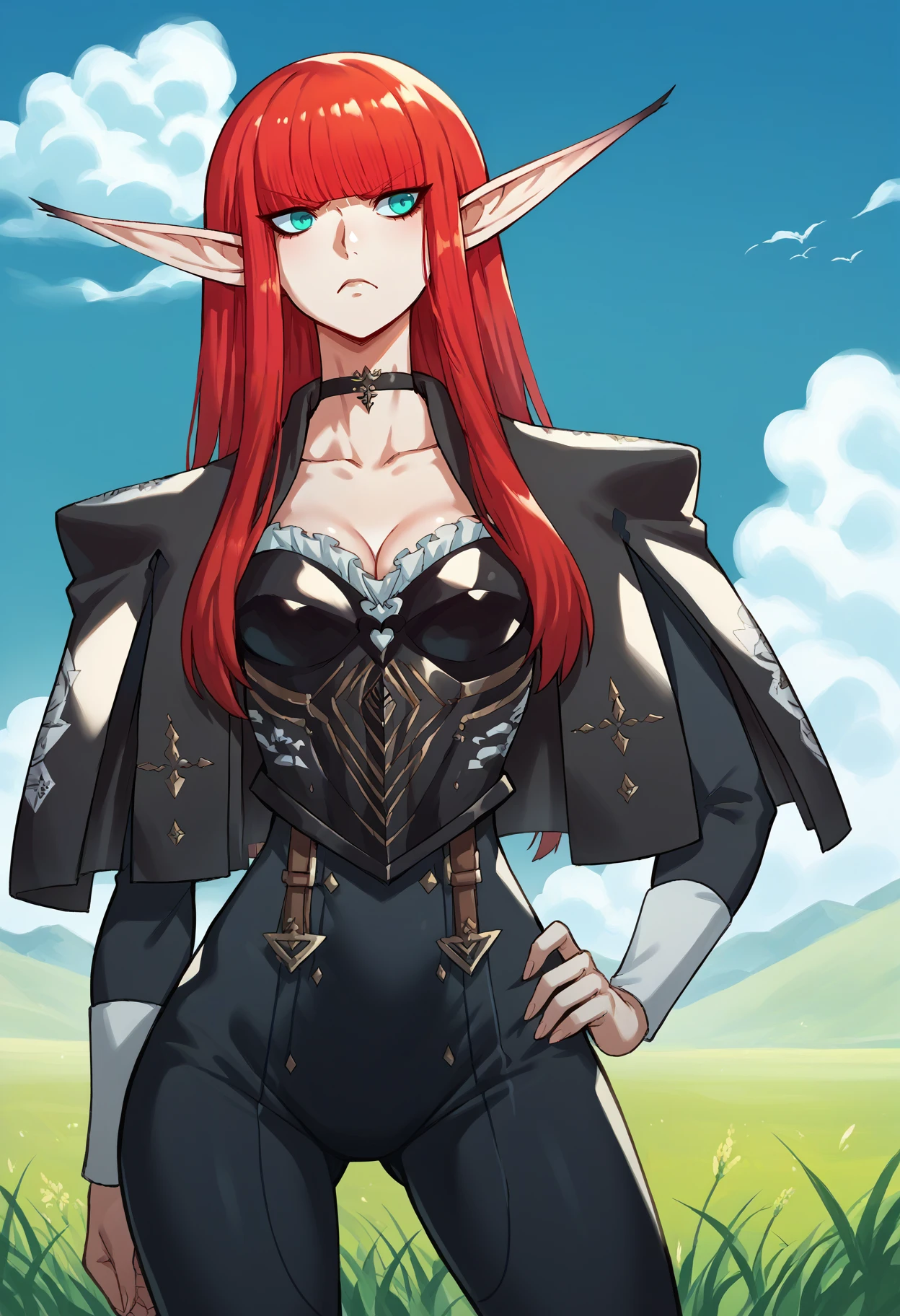 score_9, score_8_up, score_7_up, source_6_up, source_5_up, score_4_up, source_anime, 1girl, cowboy shot, frown, hand on own hip, <lora:HulkenbergMRv2-pdxl:1> hbrgMR, red hair, long hair, blunt bangs, sidelocks, aqua eyes, pointy ears, collarbone, black choker, cleavage, capelet, black bodysuit, field, outdoors, cloud
