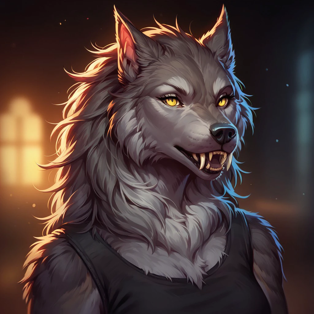 (((detailed, beautiful, high quality))), score_9, score_8_up, score_7_up, upper body, 
werewolf, furry wolf, fangs, tail,
1 girl, grey fur, yellow eyes, black top, black pants,
blurred background, fantasy background, rustic background, dark background,