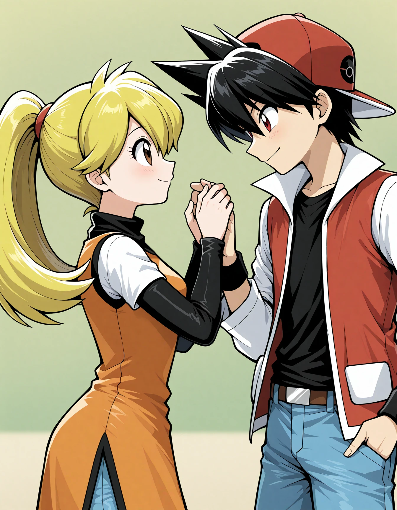 (official style:0.7), 
<lora:Hyper8:0.5> 1girl, 1boy, couple,
yellow \(pokemon\), pokemon adventures, blonde hair, ponytail, brown eyes, orange tunic, side slit, brown belt, black sleeves, long sleeves, jeans,
red \(pokemon\), (pokemon adventures:1.2), black hair, red eyes, baseball cap, backwards hat, black belt, black shirt, jeans, red jacket, open jacket, short sleeves, white sleeves, black wristband,
smile, blush, facing another, masterpiece, best quality, amazing quality, very aesthetic, absurdres