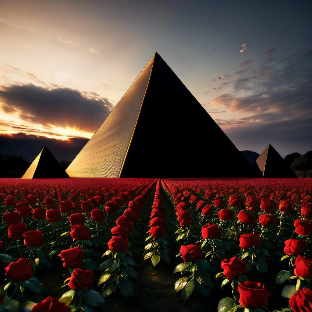 masterpiece, intricate photo, field of roses, black pyramid with shiny sleek sides, hyper realistic, highly detailed, sharp focus, high resolution, best quality, colorful, cozy outdoor lighting, 8K <lora:BlackPyramid:1>