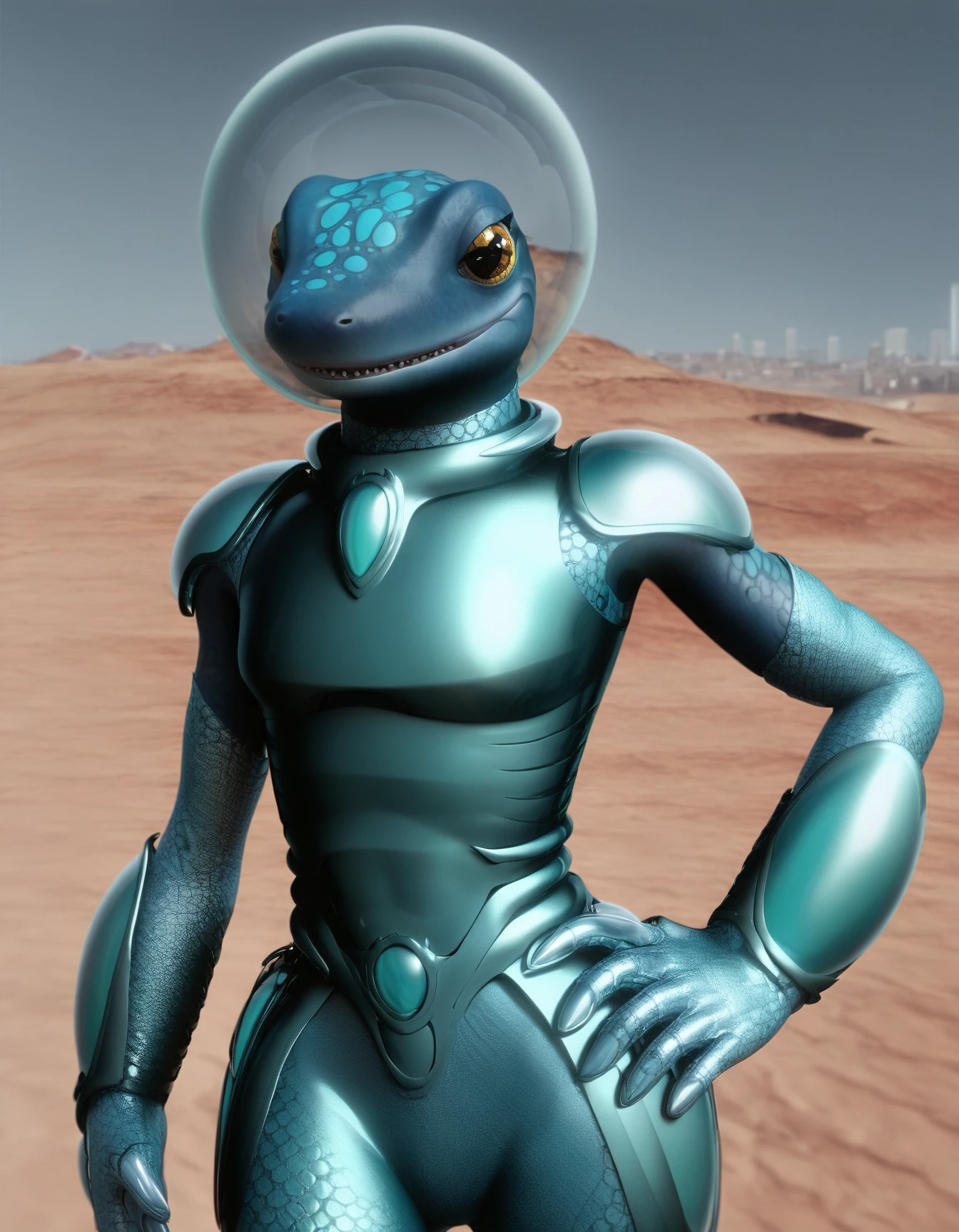 score_9, score_8_up, score_7_up, score_6_up, score_5_up, score_4_up,
Y'Gythgba,Anthropomorphic reptilian character in a futuristic metallic teal and blue armored suit, standing confidently with hands on hips. The character has smooth, scaled skin in shades of blue and green, wearing a transparent helmet resembling a fishbowl around the head, and sleek, form-fitting armor that highlights its lizard-like features. Background is a sci-fi icy landscape with shades of blue and white, creating a cold, extraterrestrial ambiance. Highly detailed, digital art, looking at viewer
 <lora:Y'Gythgba_XL:0.9>