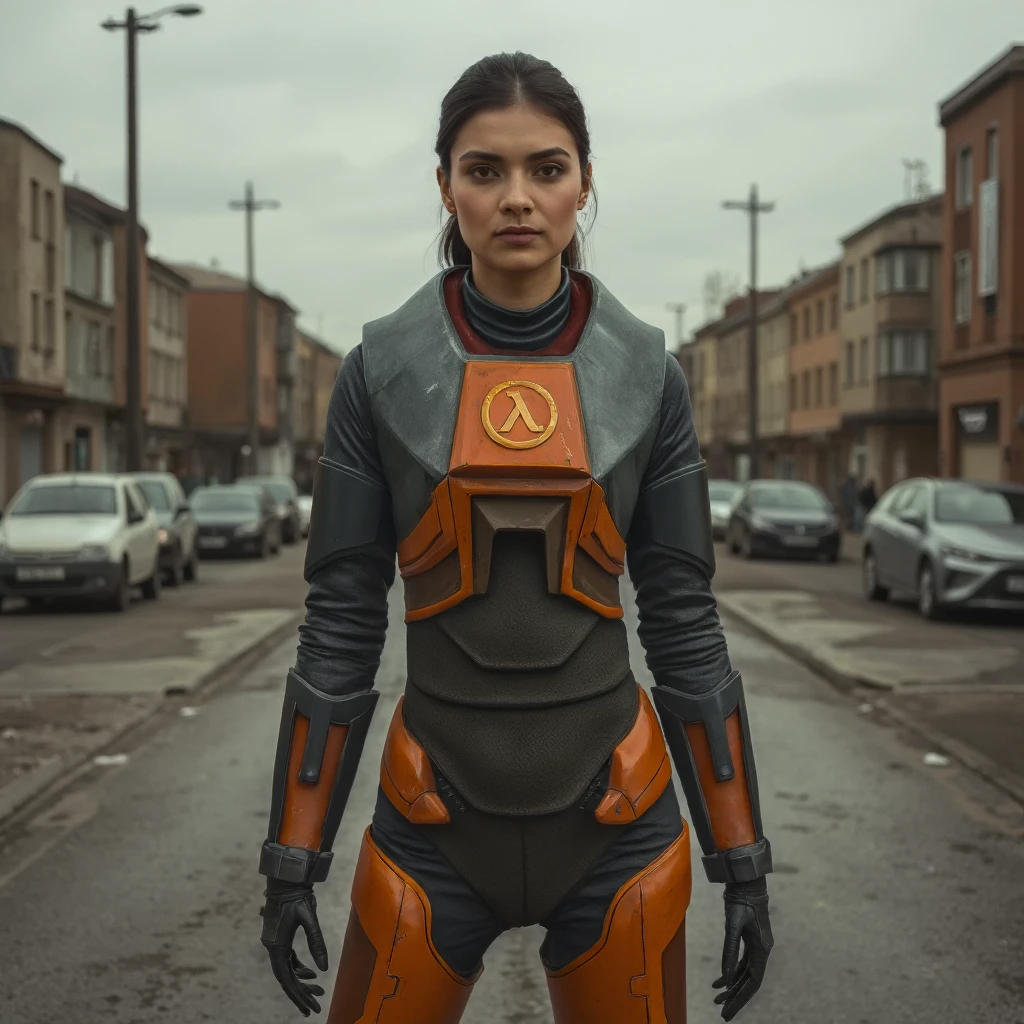 woman in hev suit in a silent deserted street of soviet city suburbs, half body