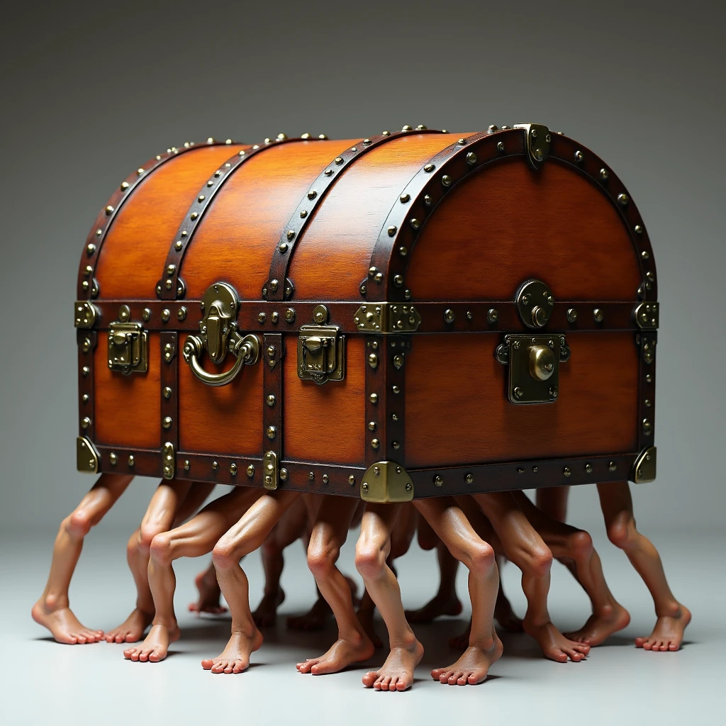 Imagine a photorealistic image of a large, wooden chest known as The Luggage, with a distinctly sentient and somewhat menacing appearance. The chest is covered in riveted brass fittings, with a sturdy, curved lid and a well-worn, rich wood texture. Instead of standing still, The Luggage moves on dozens of short, squat, muscular human legs with bare feet that protrude from its underside. These legs are splayed out in a chaotic, determined manner, giving the impression that The Luggage is in mid-stride, almost charging forward.