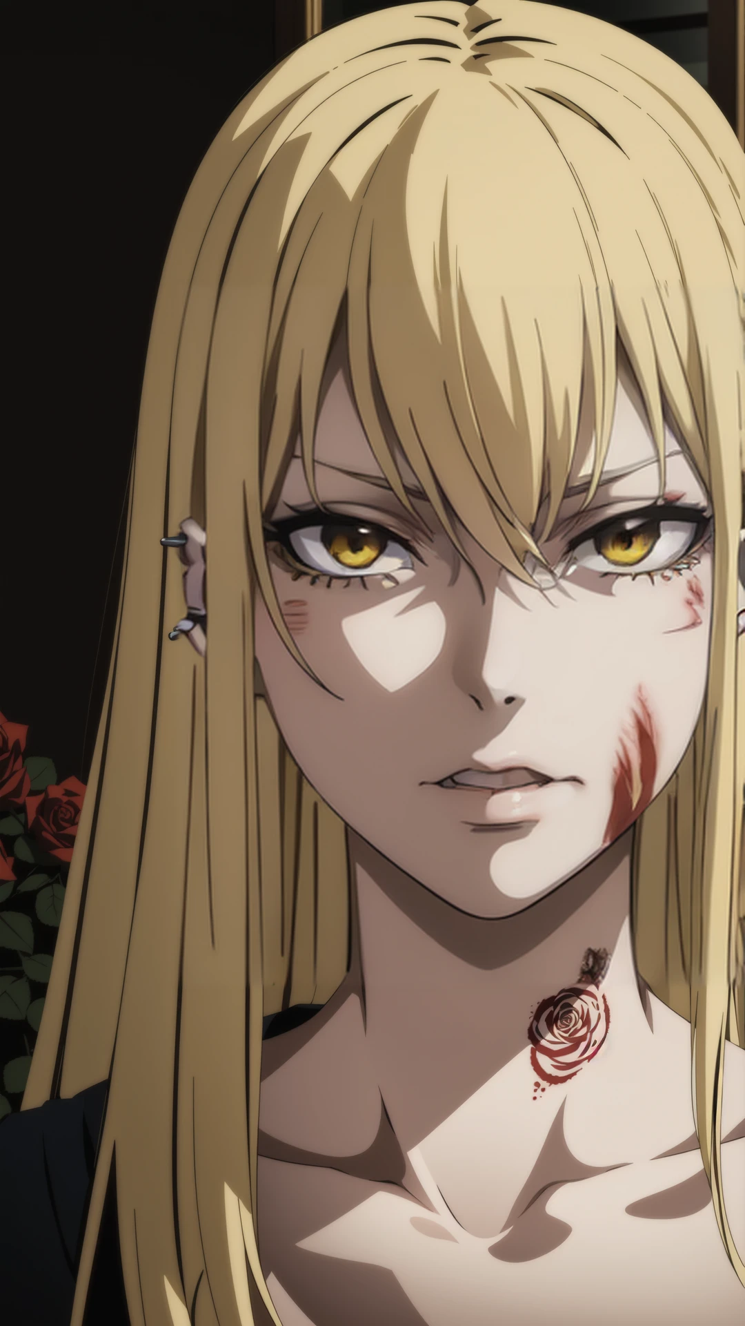 close up shot, dynamic pose, dynamic angle, webtoon, anime, centered, solo, 1girl, 1woman, guideau, 1girl, collarbone, blonde hair, blood, solo, piercing, jewelry, earrings, long hair, ear piercing, (red rose tattoo on neck), yellow eyes, ((indoors, room background)), 8k, 16k, trending on pixiv, fanbox, skeb, masterpiece, detailed face, digital painting, (best quality, ultra detailed), (detailed background:1.2), (perfect face, detailed face), (mature female:1.4), <lora:sd_v15_dpo_lora_v1:0.8>,  <lora:Guideau:0.7>