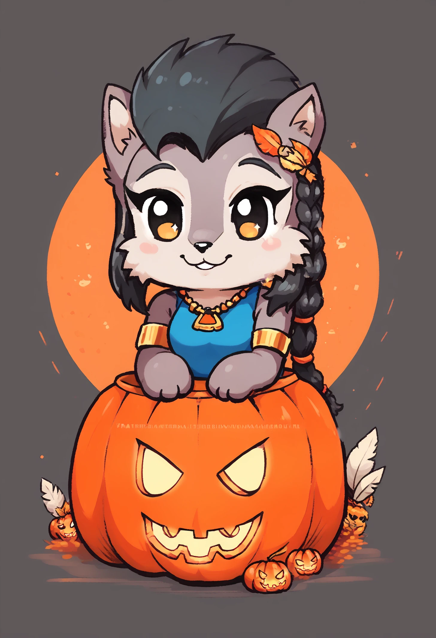 score_9, score_8_up, source_furry, <lora:girl_in_pumpkin:1>, Jack-o'-lantern, inside pumpkin, orange pumpkin, chibi,, <lora:Lupe_the_wolf_r1:0.8>, Lupe the wolf, anthro wolf, 1girl, mohawk, black hair, braided ponytail, blue leotard, armlet, necklace, feather hair ornament,