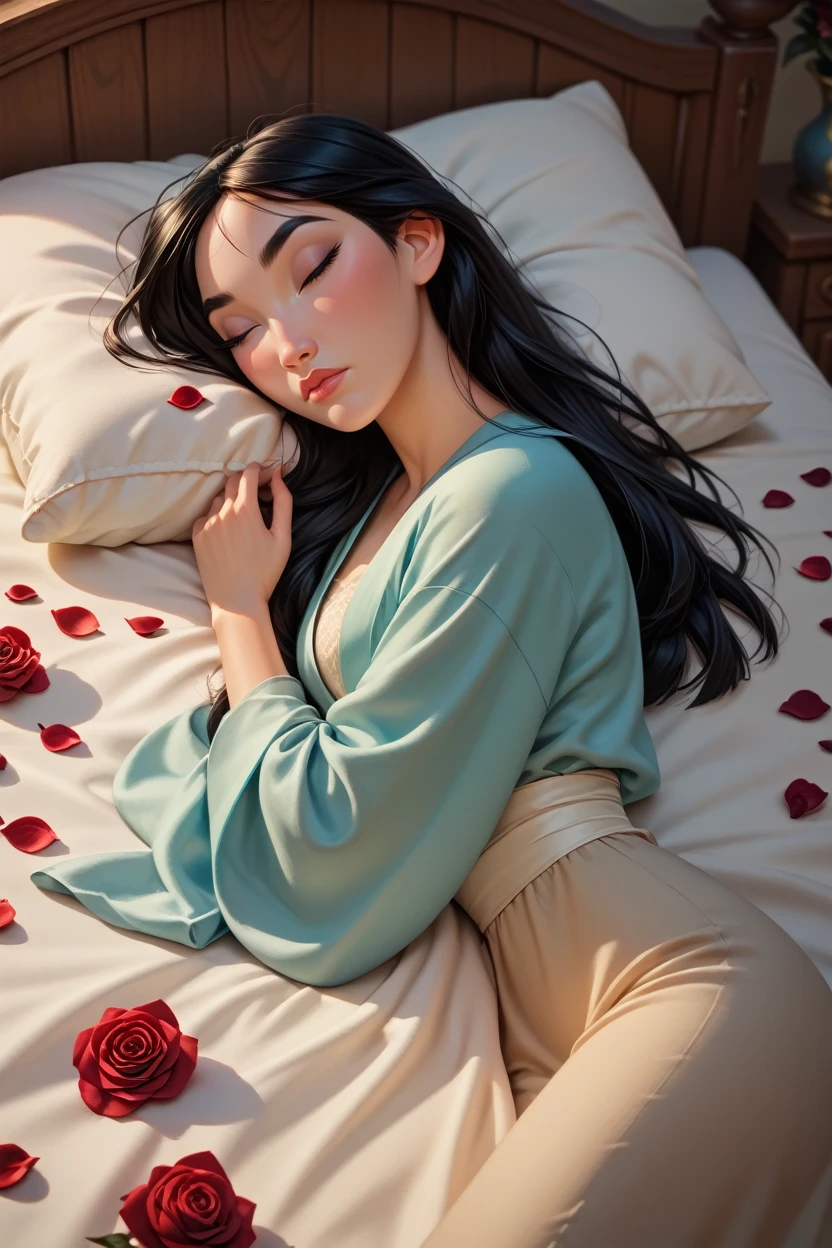 score_9, score_8_up, score_7_up,
<lora:DisneyMulan:0.8>
DisneyMulan, 1girl, black hair, black eyes, long hair, looking at viewer, sleeping in a bed, rose petals, closed eyes