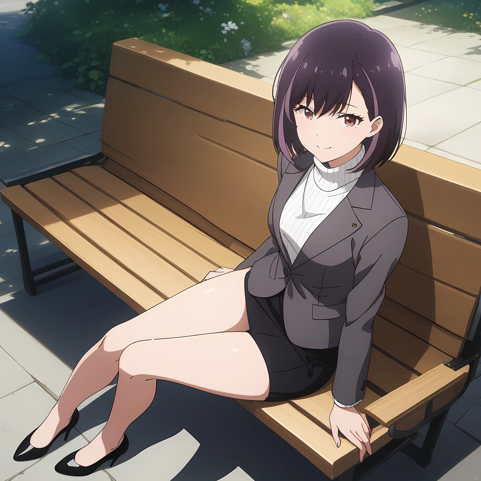 honjouji_rika, black hair, streaked hair, purple hair, brown eyes, short hair, bangs, smile, upper body, white turtleneck sweater, business suit, medium breast, black skirt, black heels, full body, sitting on bench, looking viewer, <lora:XL-HonjoujiRika:1>, (masterpiece),(best quality),(ultra-detailed),(best illustration),(best shadow),(absurdres),(detailed background),(very aesthetic),