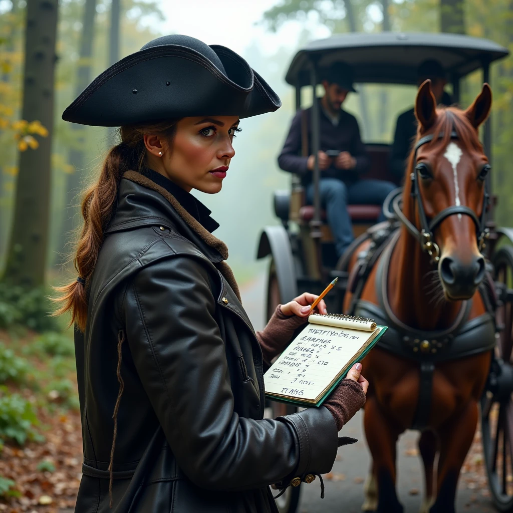 a female member of the thieves coach wearing a leather coat and tricorn hat holding up a horse and carriage on a forest highway. She is writing a receipt for the occupants of the coach on a small pad with a pencil, on which is written "THEFT OF: EARRINGS x2, RINGS x 5, PURSE x1" 