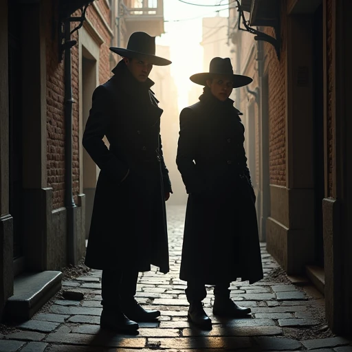 an image of a pair of member of the thieves guild standing menacing at the mouth of a dark alleyway, blocking out the sunlight behind them