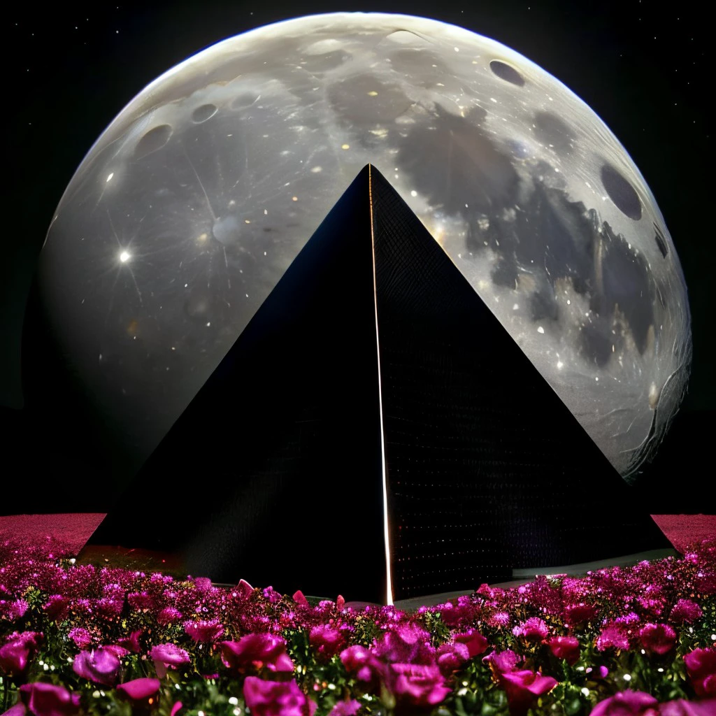 masterpiece, intricate photo, field of roses, black pyramid with shiny sleek sides on the moon surface, background earth, hyper realistic, highly detailed, sharp focus, high resolution, best quality, colorful, cozy outdoor lighting, 8K <lora:BlackPyramid:1>