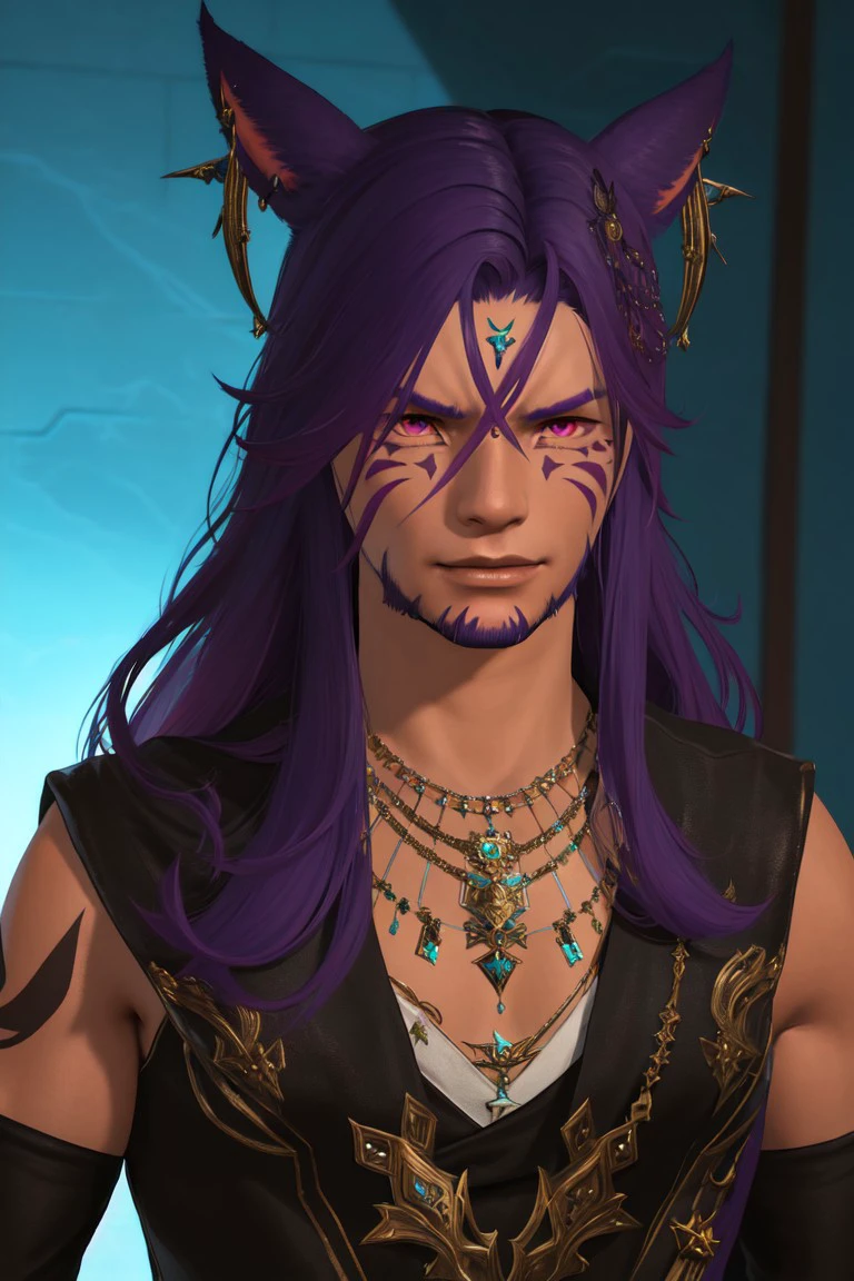 f4c32-miq0, animal ears, jewelry, miqo'te, solo, long hair, necklace, earrings, red eyes, tattoo, dark skin, male focus, cat ears, 1boy, purple hair, facial mark, facial hair, upper body, cinematic lighting, cinematic angle, best quality, masterpiece