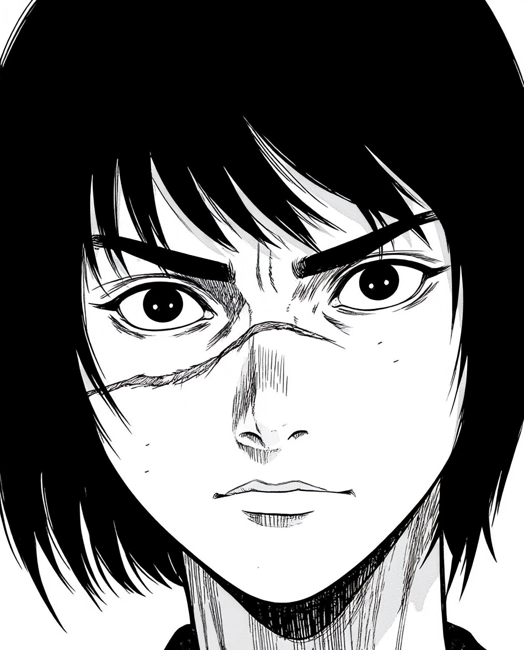 A close-up, highly detailed manga-style illustration of a young girl with a tense, frowning expression. Her short, jet-black hair frames her face, with a few windswept strands falling over her furrowed brow. The most defining feature is a noticeable scar across the bridge of her nose, giving her an air of resilience and mystery. Her dark, intense eyes reflect deep emotion, and the subtle shadows on her face enhance the sharpness of her features. The close-up view captures the raw intensity of her frown, highlighting the inner turmoil beneath her youthful appearance.