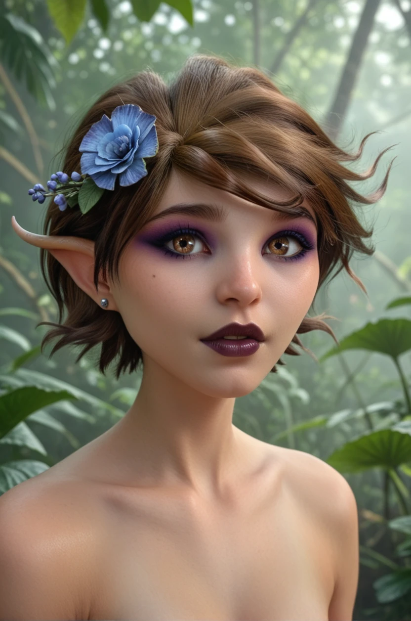 score_9, score_8_up, score_7_up, BREAK, detailed background, urban setting, full body shot, facing forward,
BREAK
1girl, feminine features, mischievous expression, playful pose, pierced ears, , bright colors, sparkling eyes,
<lora:Marianne:1> marianne, brown hair, brown eyes, short hair, pointy ears, eyeliner, dark lipstick, nude, ((blue flower(hair ornament)))
BREAK
. The background features intricate details of the jungle, including (blooming orchids) and (lush ferns), adding depth and vibrancy to the scene, emphasizing the contrast between her human form and the untamed beauty of nature.
made by melkor mancin and rizdraws