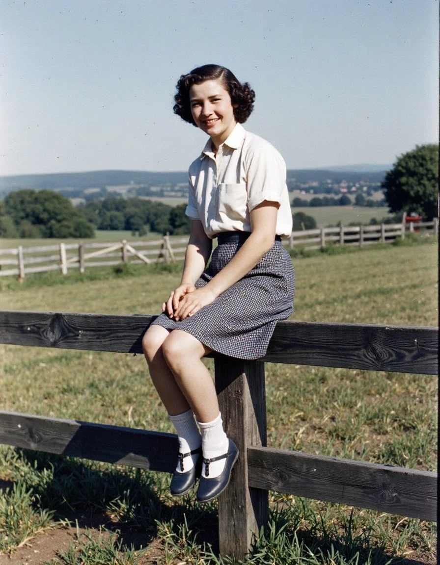 0ldV1nt4ge colourized photograph from 1953. A young woman sitting on a wood fence. Behind is a rural landscape. <lora:50samerica:1>