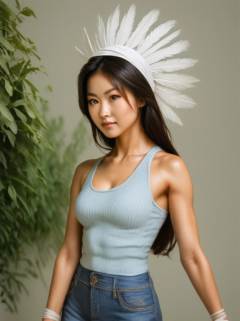 score_9,score_8_up,score_7_up,anime,a fit asian fit woman,as a ((warlord)) with ((long hair)) sporting a (feathered headdress),dressed in sleeveless top,beige color,ribbed texture,high neckline,light blue jeans,fitted style,denim material,wrist accessory,silver color,sparkling texture,lush greenery,blurred foliage,outdoor setting,standing pose,leaning on counter,one arm bent,looking at camera,eye-level shot,centered subject,portrait orientation,at a gym,broad light,multi-colored lighting,extremely detailed,Earth Tone color palette   Computer-generated imagery (cgi) art