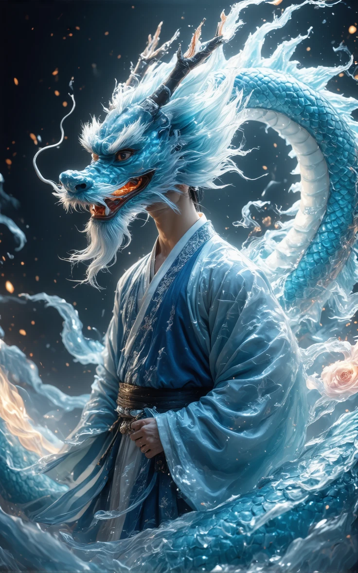 chinese men,beard,(long beard:1.4),(full body:1.4),(blue ice dragon:1.7),(masterpiece, top quality, best quality, official art, beauty and aesthetics:1.2),(a handsome man:1.2),super handsome,extremely detailed,(abstract: 1.4, fractal art:1.3),(black hair:1.1),colorful,the most refined,fire,ice,lighting,(splash_art:1.2),jewelry:1.4,hanfu,scenery,ink wash,all over,wide_shot,panorama,incredibly absurdres,huge filesize,absurdres,