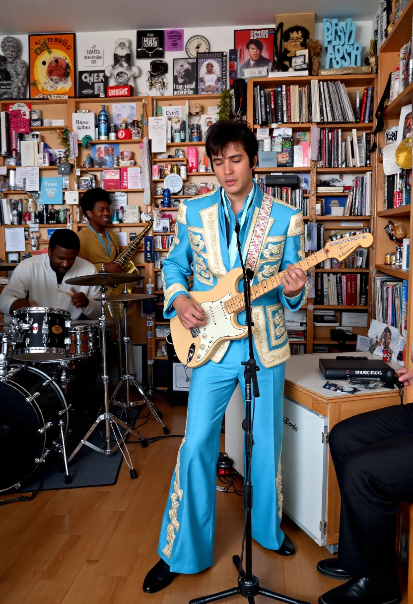 NPR Tiny Desk studio, t1nyd3sk picture of Elvis Presley playing guitar while wearing a  blue and white tuxedo with flared pants and a super wide collar inside the t1nyd3sk studio, behind him is a black man playing drums, an asian women backup singer, and a chubby black man playing saxophone