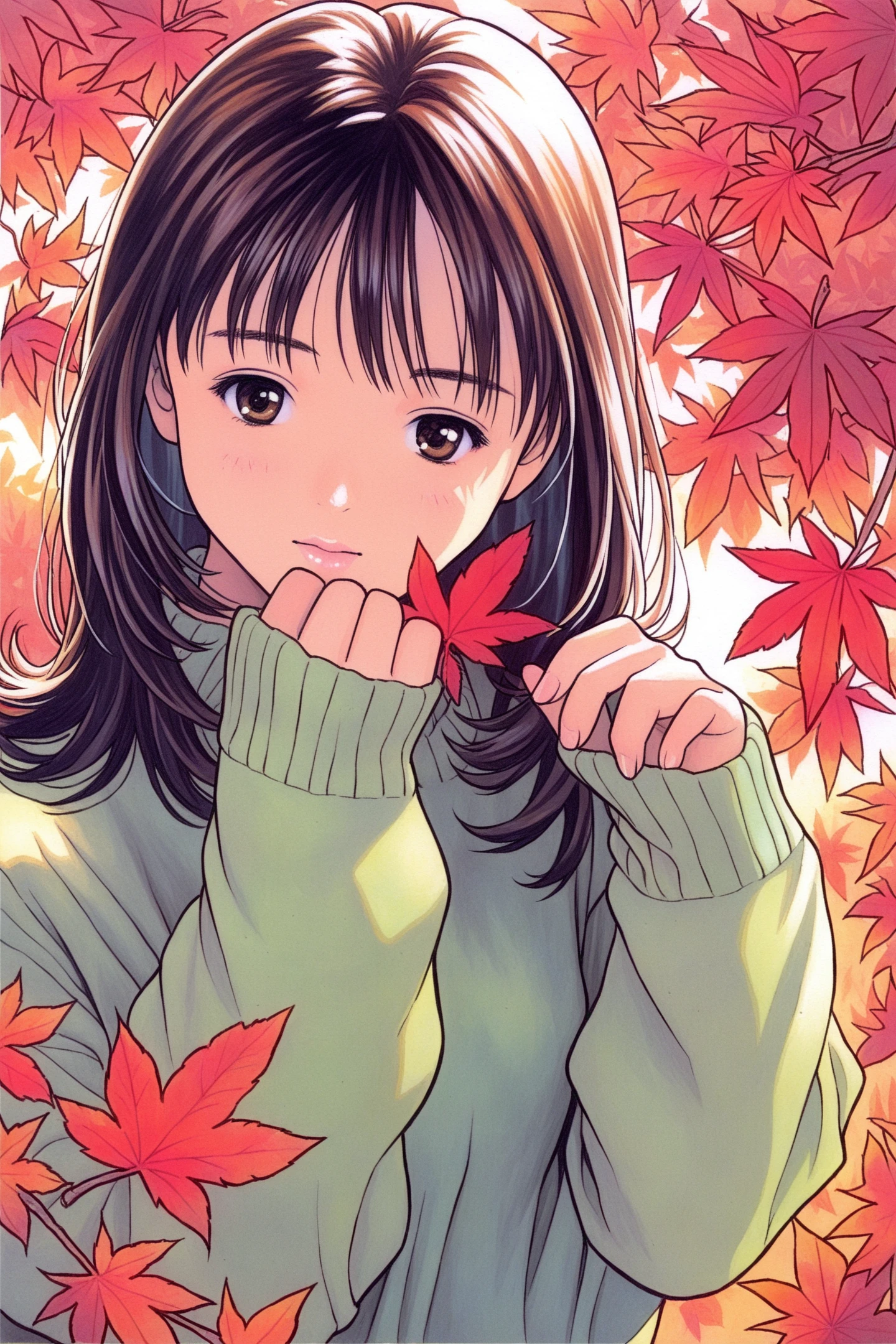 Yoshizuki iori,1girl,solo,brown eyes,sweater,brown hair,looking at viewer,leaf,autumn leaves,green sweater,long sleeves,upper body,bangs,autumn,sleeves past wrists,long hair,medium hair,maple leaf,traditional media,
<lora:Katsura Masakazu_illustriousXL:0.8>,