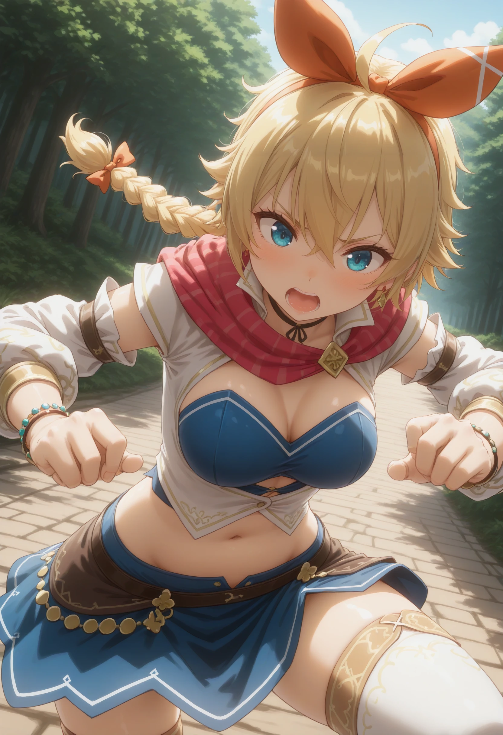 1girl, city thief, romancing saga 2, solo,
masterpiece,best quality,absurdres,detailed skin,anime colored,anime screencap,official art,
blonde hair,hair between eyes,single braid, braided ponytail, bangs, blue eyes, medium breasts, <lora:citythief_XL_v1:0.7>
hairband, hair bow, red bow,earrings, ahoge,
detached sleeves,  crop top, short sleeves, strapless, scarf,
dynamic pose, fighting stance, holding sword ,
dutch angle, fisheye lens, looking ahead, serious, forest, open mouth,