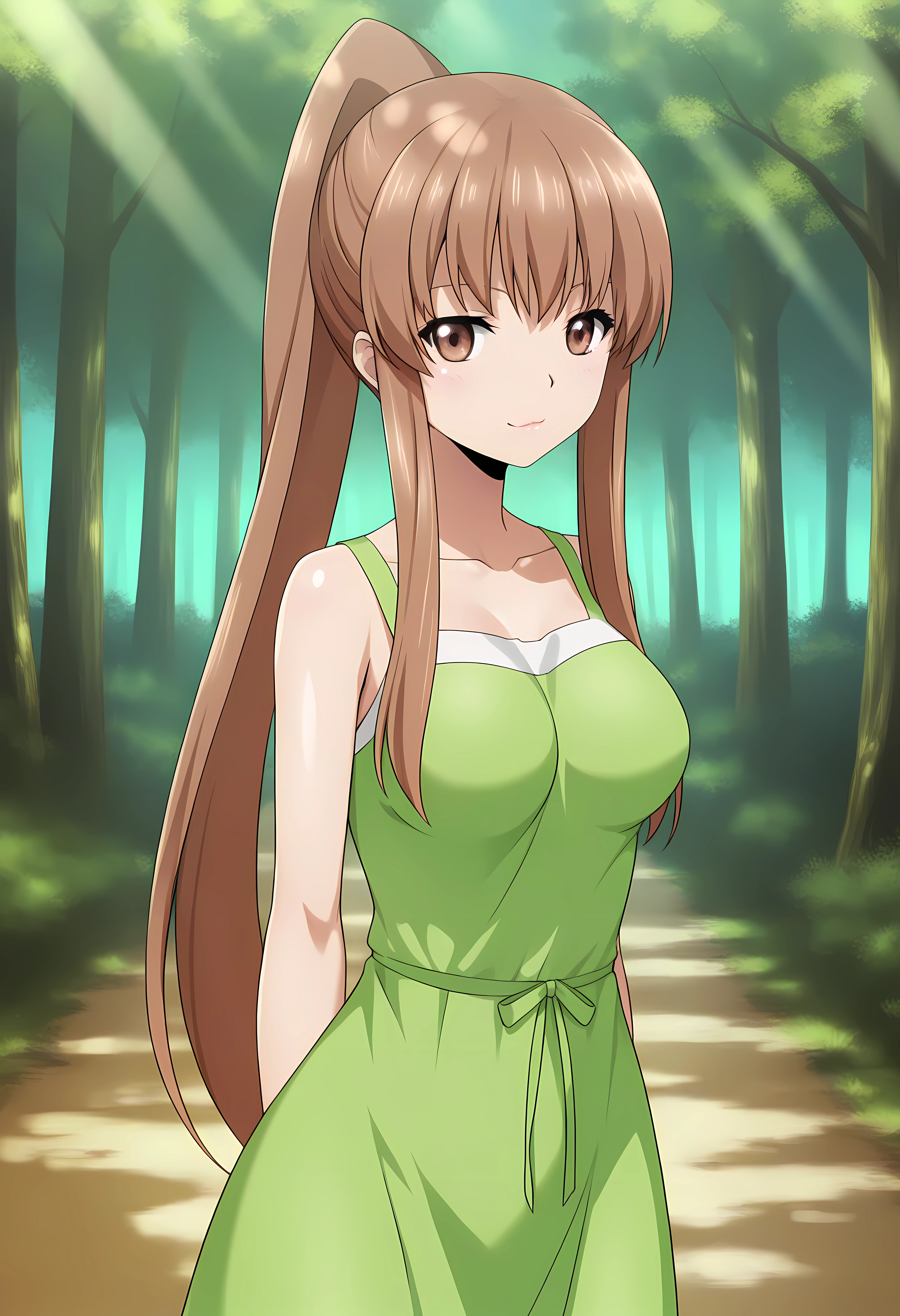 looking at viewer, closed mouth, shiny skin, light smile, petite,ohwx, long_hair, brown_hair, brown_eyes, ponytail, 1girl, sidelocks, breasts, large_breasts, medium_breasts, very_long_hair,dress, green_dress, Pathway through a forest of red maple trees, soft sunlight, peaceful and vibrant autumn scenery,<lora:kazane_aoba_illustrious_sobsynapse-000003:1>