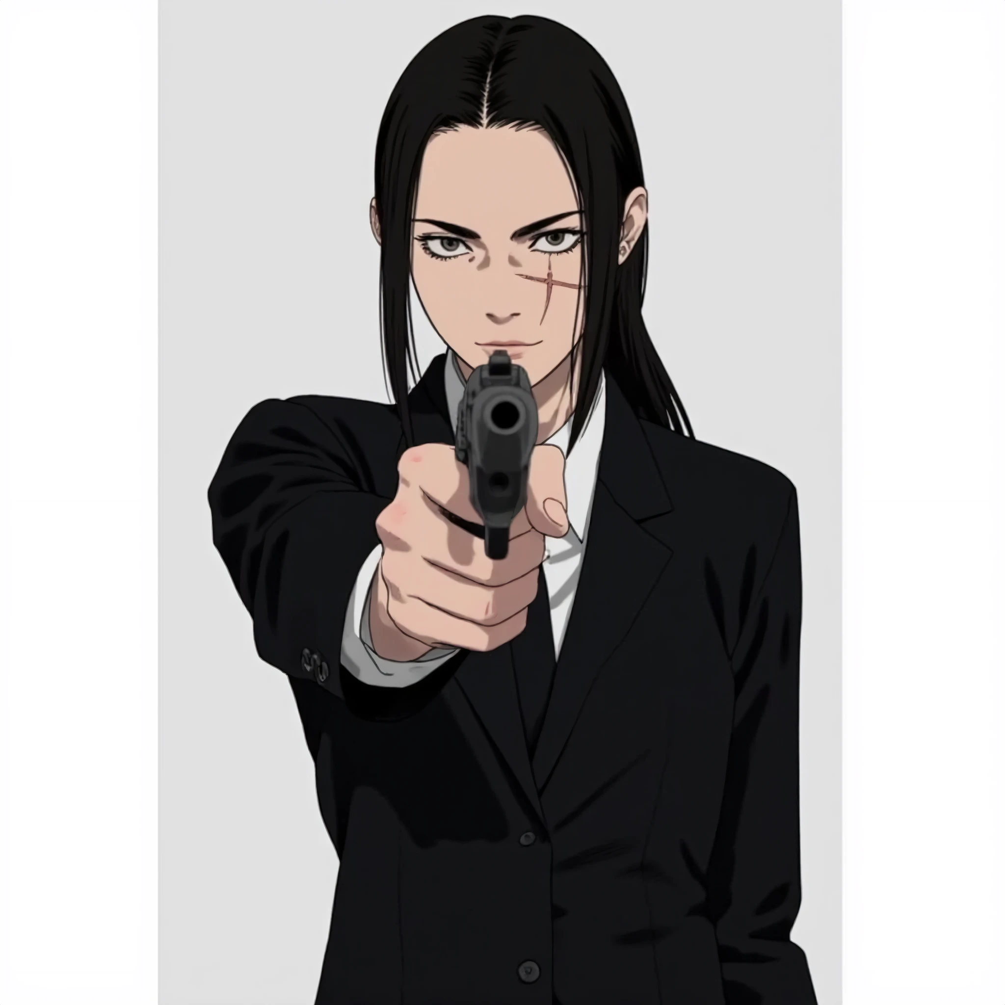 An anime-style girl in a sleek black suit, confidently pointing a handgun directly at the viewer. Her eyes are intense and focused, and a faint scar marks her cheek, hinting at a history of close encounters. The backdrop is minimal to emphasize her stance, creating a powerful, suspenseful atmosphere as she stands ready with a calm, unwavering expression.