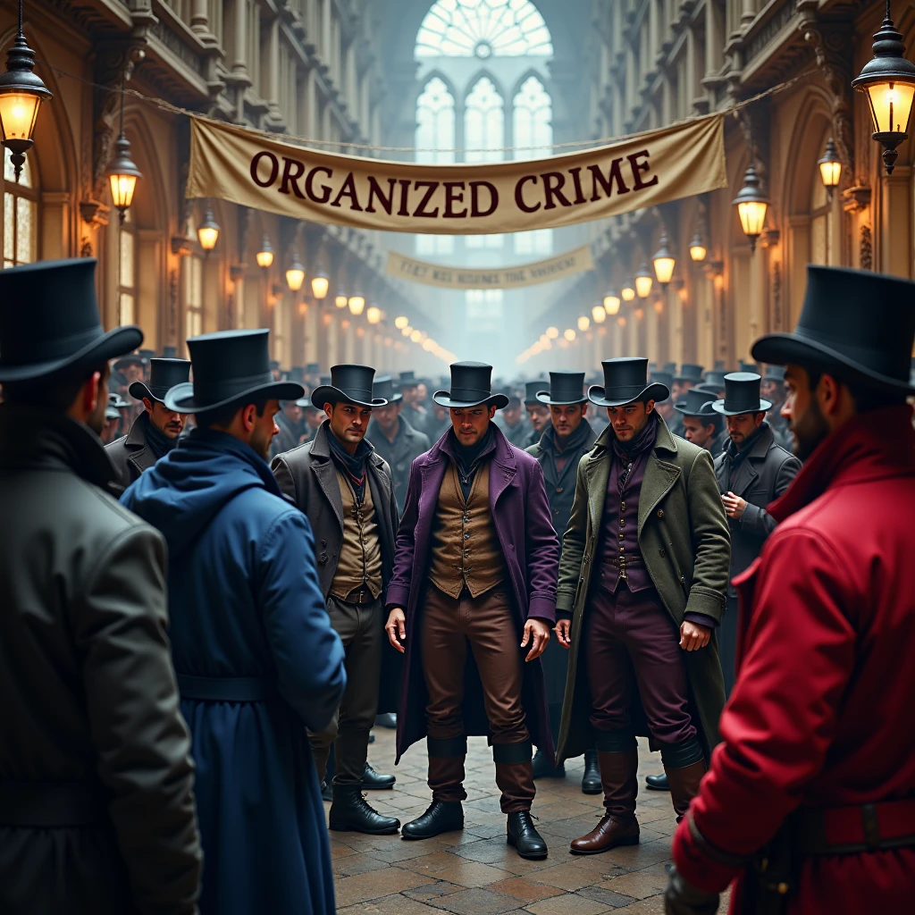 a gathering of members of the thieves guild wearing top hats and tricorn hats and cloaks of various colors at a convention of thieves in a large medieval hall. a banner overhead reads "ORGANISED CRIME", everyone looks like they're having a good time