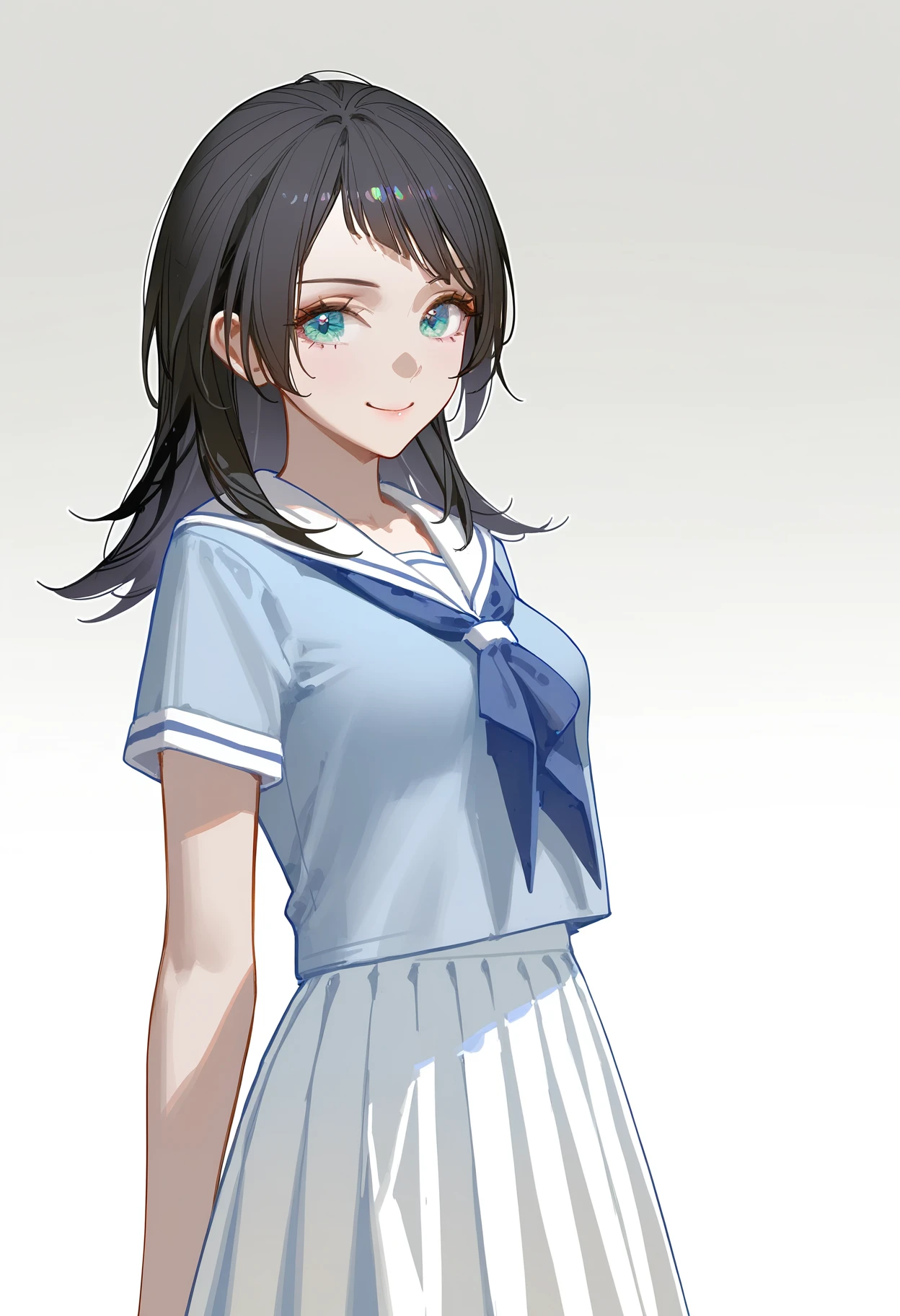 yahata umiri, 1girl, solo, standing, cowboy shot, look at viewer, smile, grey background, gradient background, <lora:yahata_umiri_IlluXL-000009:1>, medium breasts, neckerchief, serafuku, sailor collar, light blue shirt, short sleeves, white sailor collar, pleated skirt, white skirt,, best quality, masterpiece, highres, very aesthetic,absurdres, ask_(askzy), (artist:wlop:0.5), [artist:ningen_mame], artist:ciloranko, [[artist:rhasta]], artist:tidsean, year 2023, year 2022, newest,