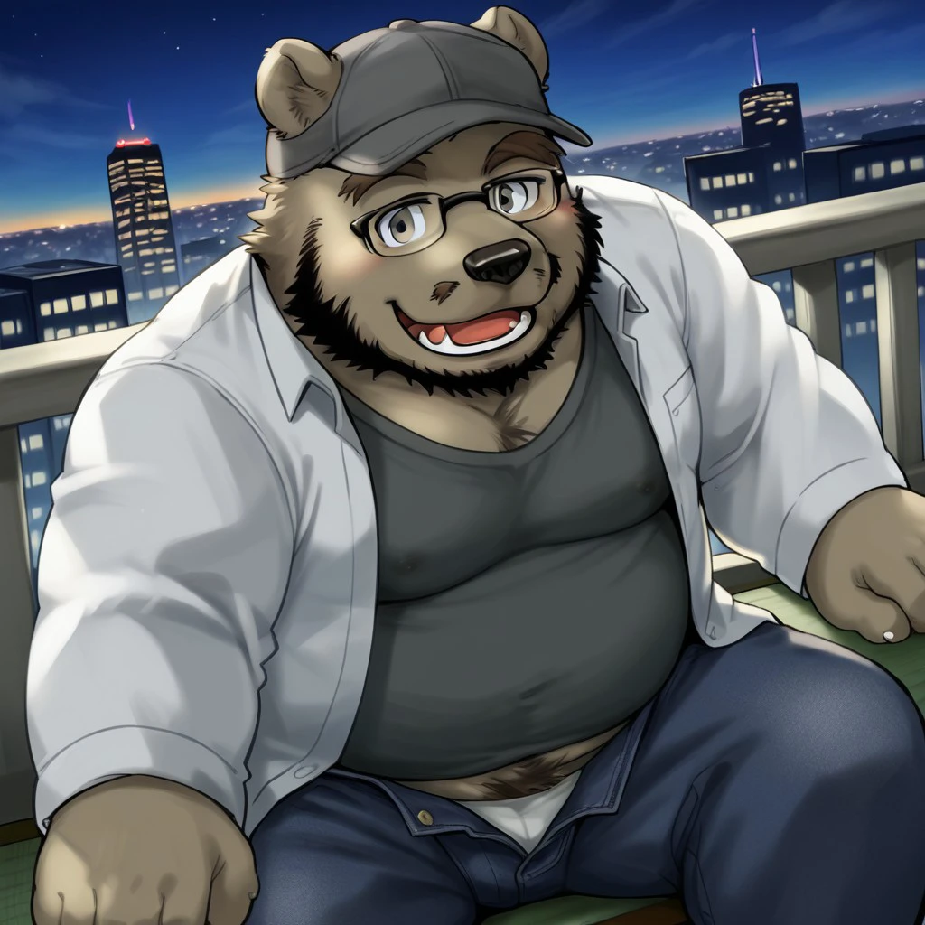 1boy, solo, backlight, detail background, furry male, masculine, anthro bear, gray body/fur, short tail, plump, black eyes, round nose, visible teeth, round bear ears, wide shoulders, body hair, thick black beard on chin, short mustache, overweight, dark nose, 4 toes, 5 fingers, thick gray eyebrows, black black claws on feet, big eyes, open white shirt, gray t-shirt, blue pants, gray body/fur, gray hat, glasses, brown shoes, Expressiveh, leaning on a balcony railing, gazing over a cityscape at night, an apartment balcony overlooking a brightly lit city, from above, close up, good angle, open mouth, happy, looking at viewer, upper body