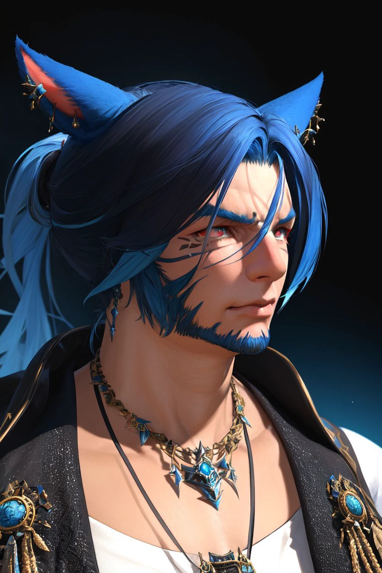 f4c32-miq0, miqo'te, 1boy, animal ears, male focus, solo, blue hair, heterochromia, jewelry, red eyes, facial mark, facial hair, cat ears, earrings, blue eyes, necklace, beard, portrait, cinematic lighting, cinematic angle, best quality, masterpiece