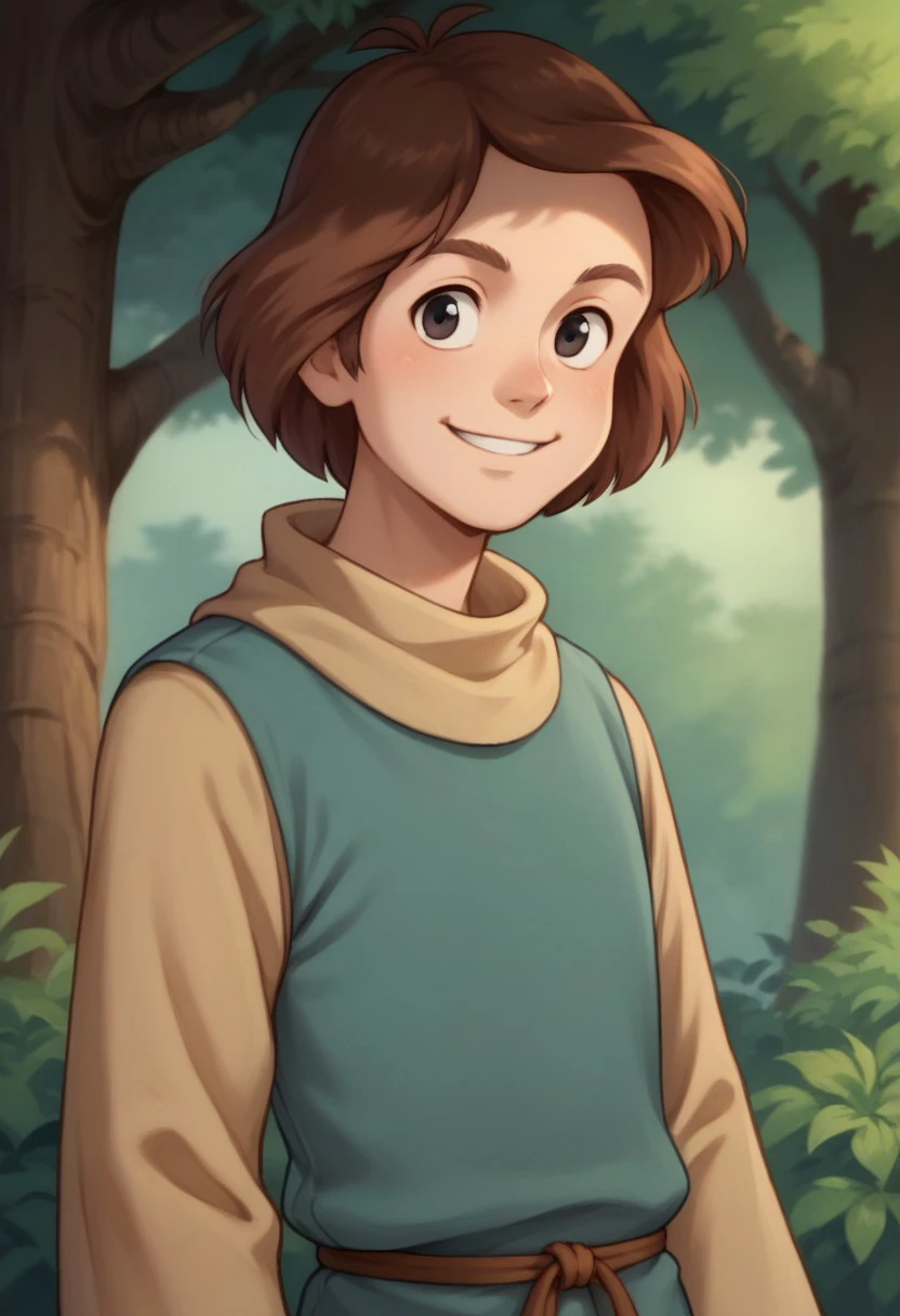 score_9, score_8_up, score_7_up, source_anime, highly detailed, 
cavin, 1boy, male focus, solo, brown hair, black eyes, tunic, long sleeves, blue tunic, brown sleeves, belt, rope belt, upper body, smile,
outdoor, wood, nature,