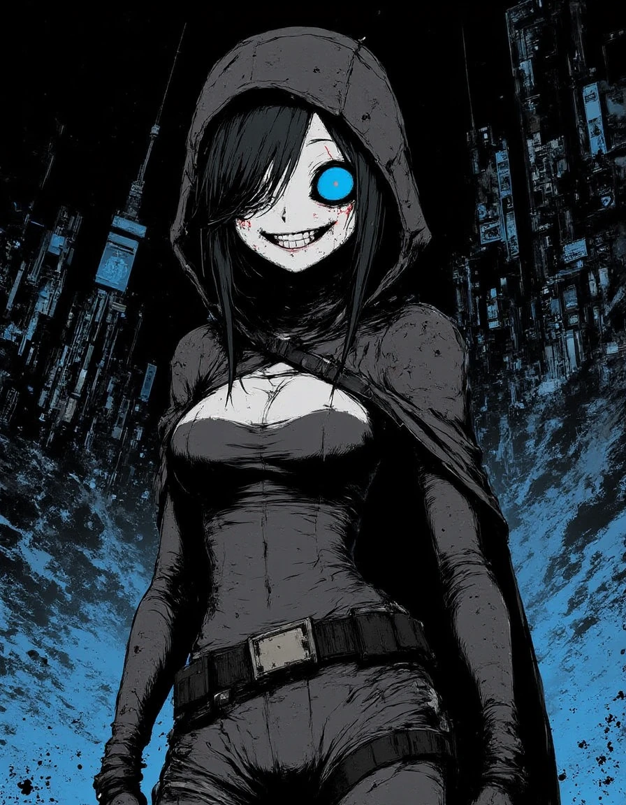 CyberpunkHorrorAnime, a cartoonish character with a dark hooded cloak and glowing blue accents, standing in a vibrant cityscape at night