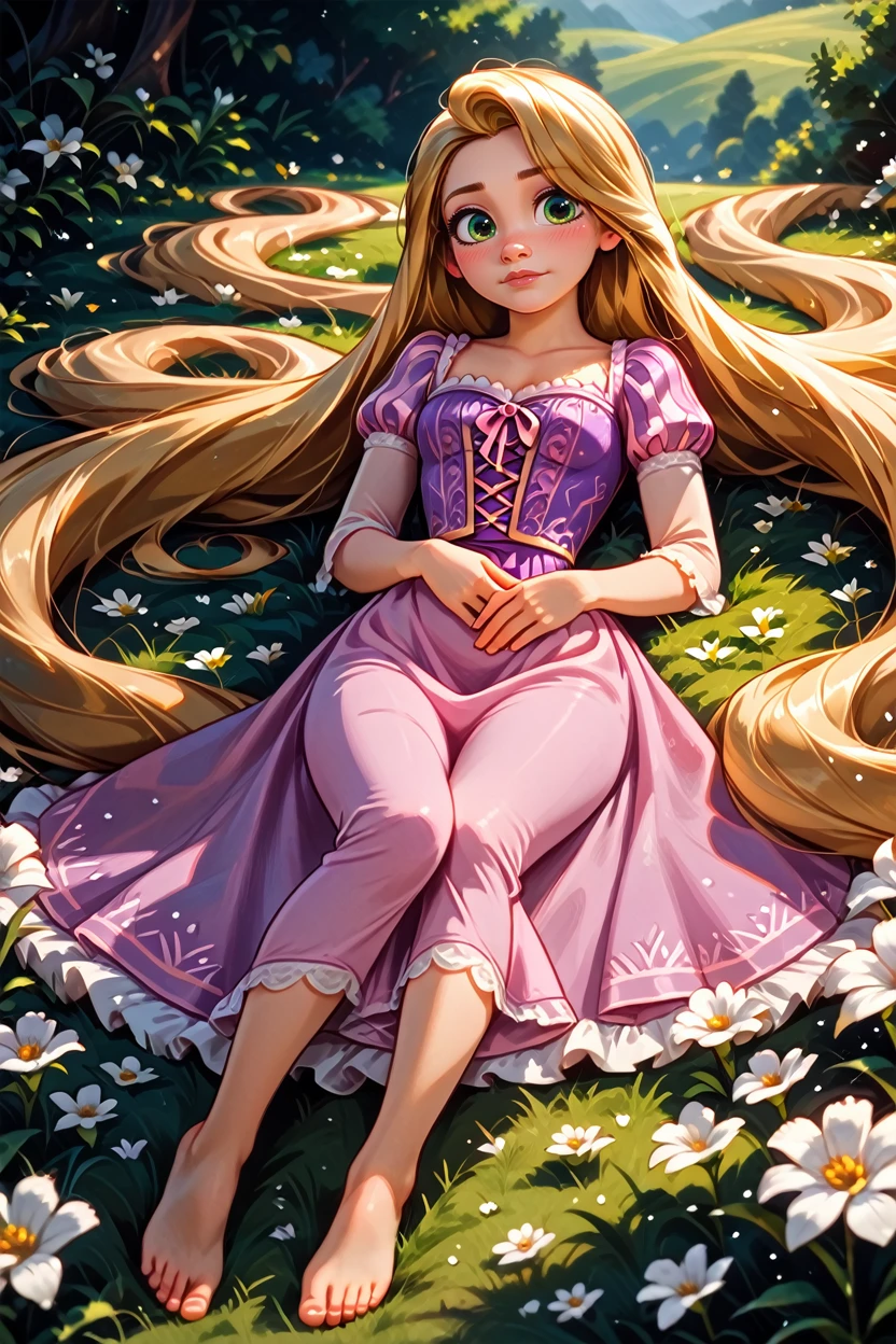 score_9, score_8_up, score_7_up, score_6_up
<lora:DisneyRapunzel:0.8>
DisneyRapunzel, 1girl, blonde hair, green eyes, very long hair, looking at viewer, lying down in a field of white flowers, dress, barefoot, looking at viewer, blushing