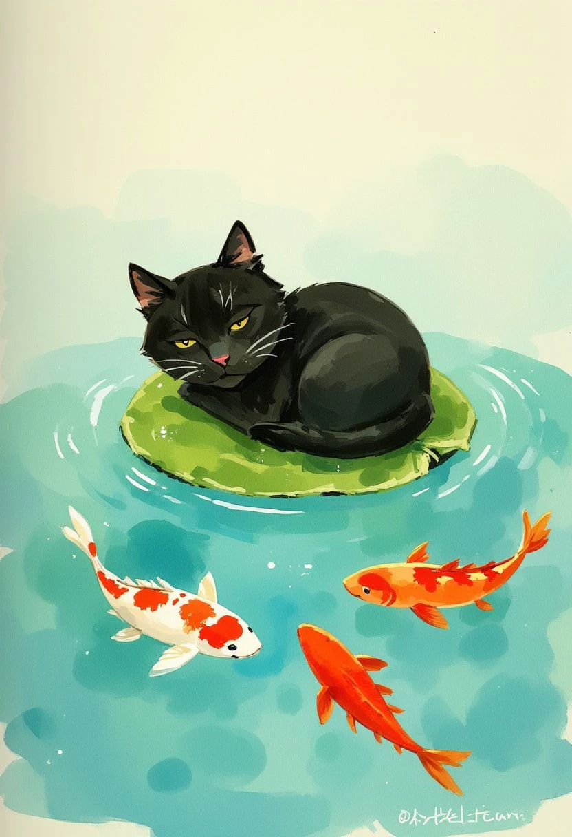 CREDITS: WRobben2015 (who graciously let us upload this) --- Painted illustration of a tiny black kitten asleep on a leaf on a pond. Below the surface of the water there are koi fish of different colors. Soft pastel colors